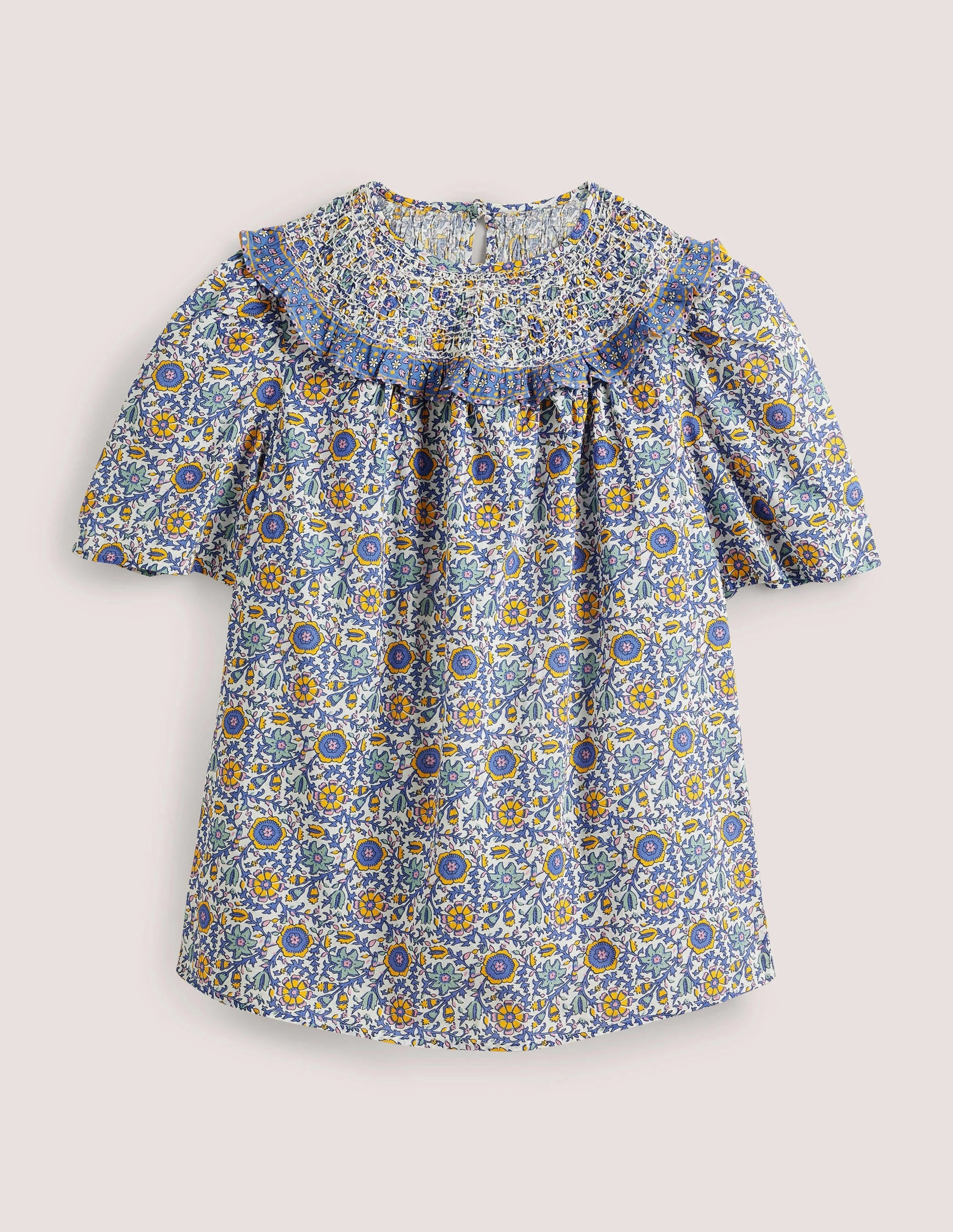 Smocked Neck Printed Top-Ivory. Enchanting Twig
