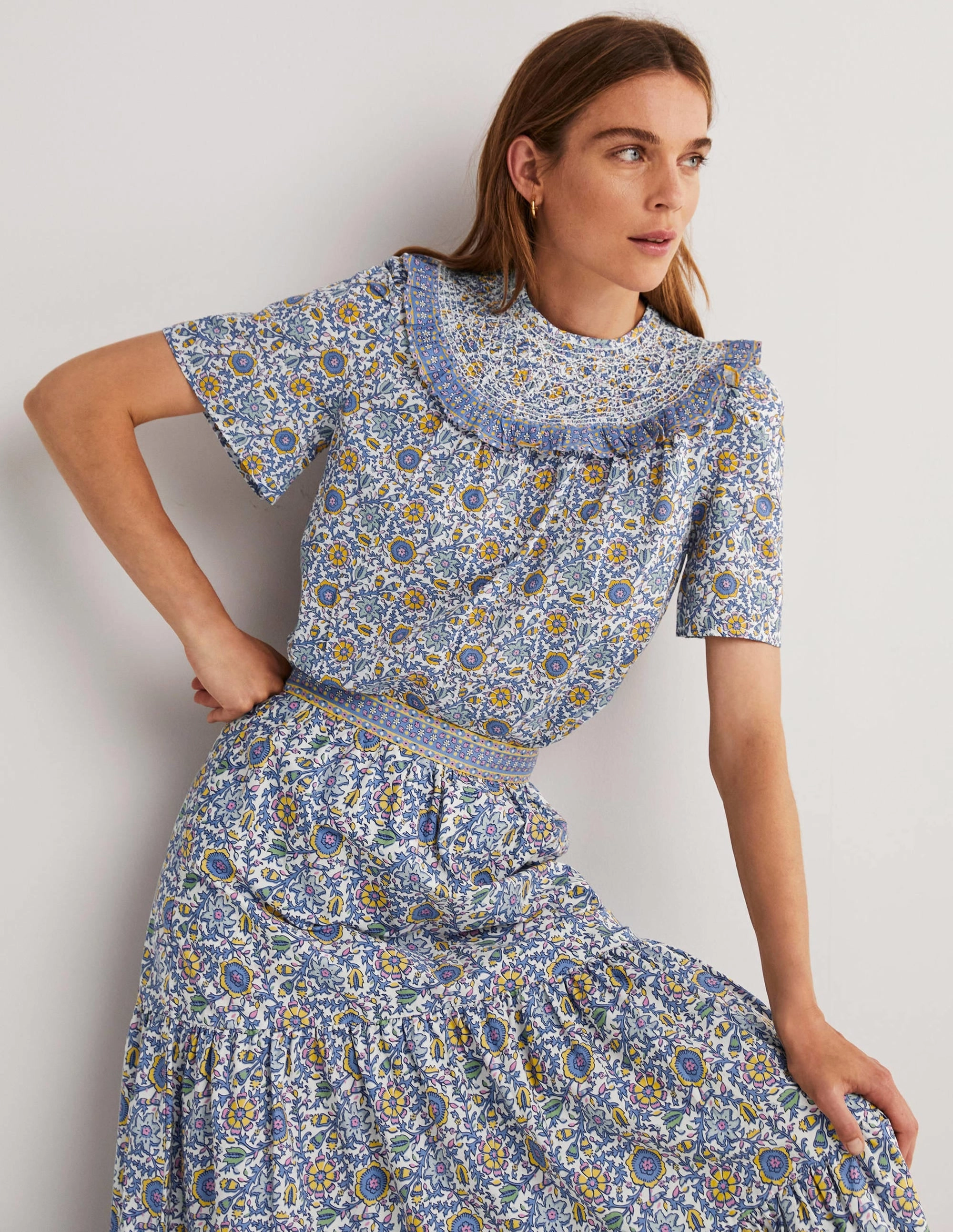 Smocked Neck Printed Top-Ivory. Enchanting Twig