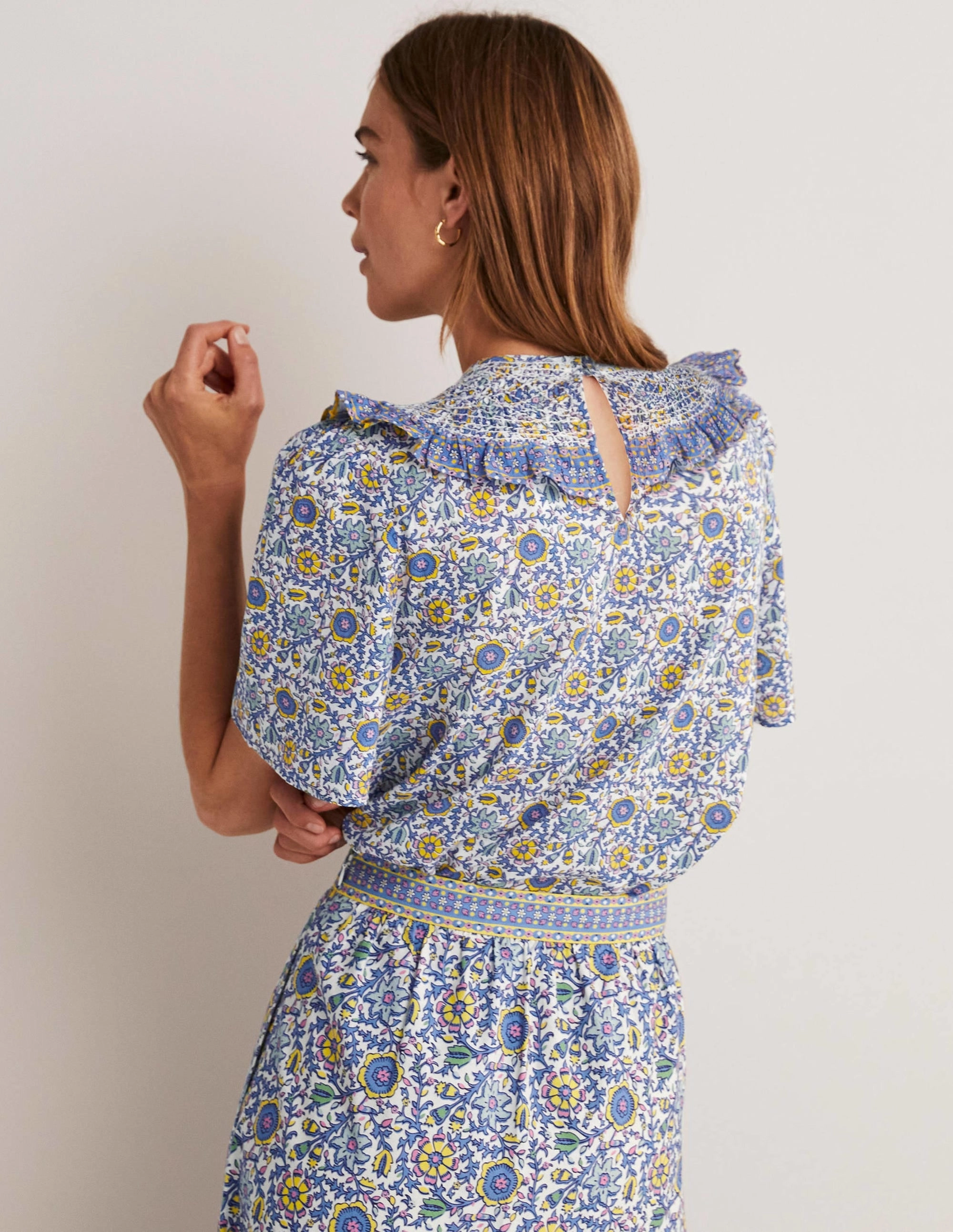 Smocked Neck Printed Top-Ivory. Enchanting Twig